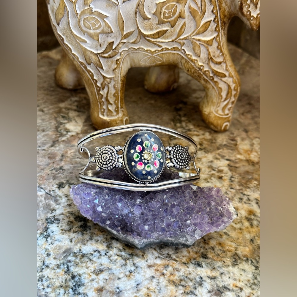 Silver Sodalite Mexican Painted Cuff Bracelet